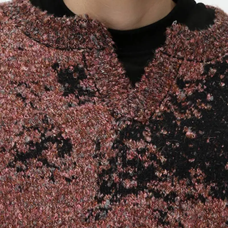 Fuzzy Color Design V Neck Loose Sweater-2