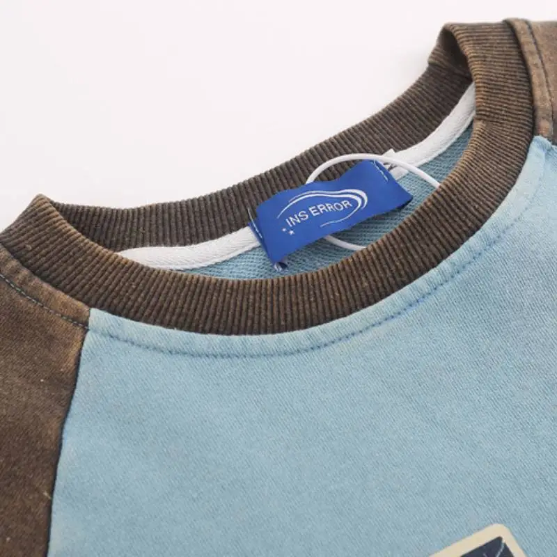 Retro Distressed Contrast Color Long Sleeve Sweatshirt-3