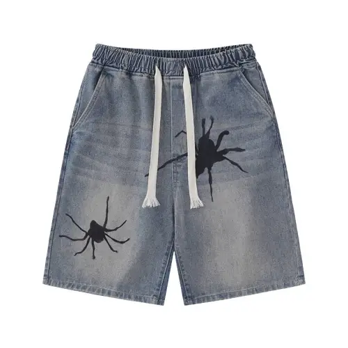 Distressed Spider Print Denim Shorts