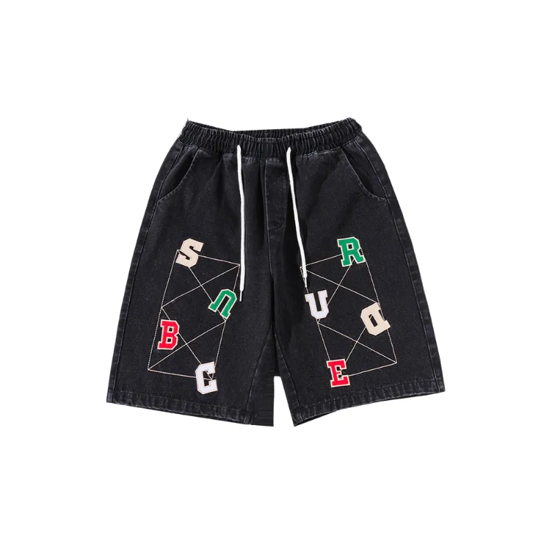 Retro Elastic Waist Washed Denim Shorts-0