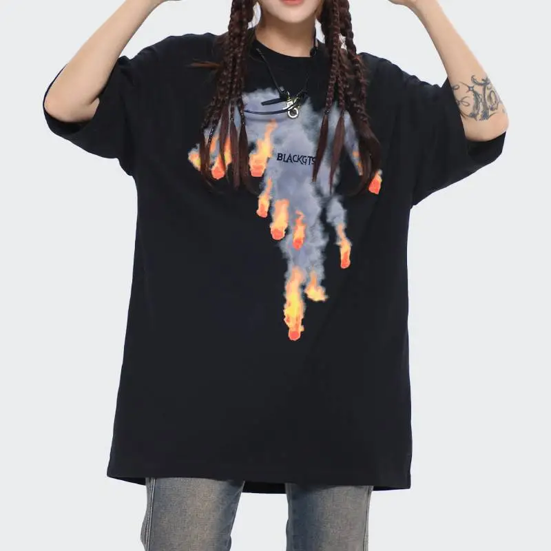 Oversize Fireball Printed Loose Crewneck Cotton Short sleeved T shirt-5