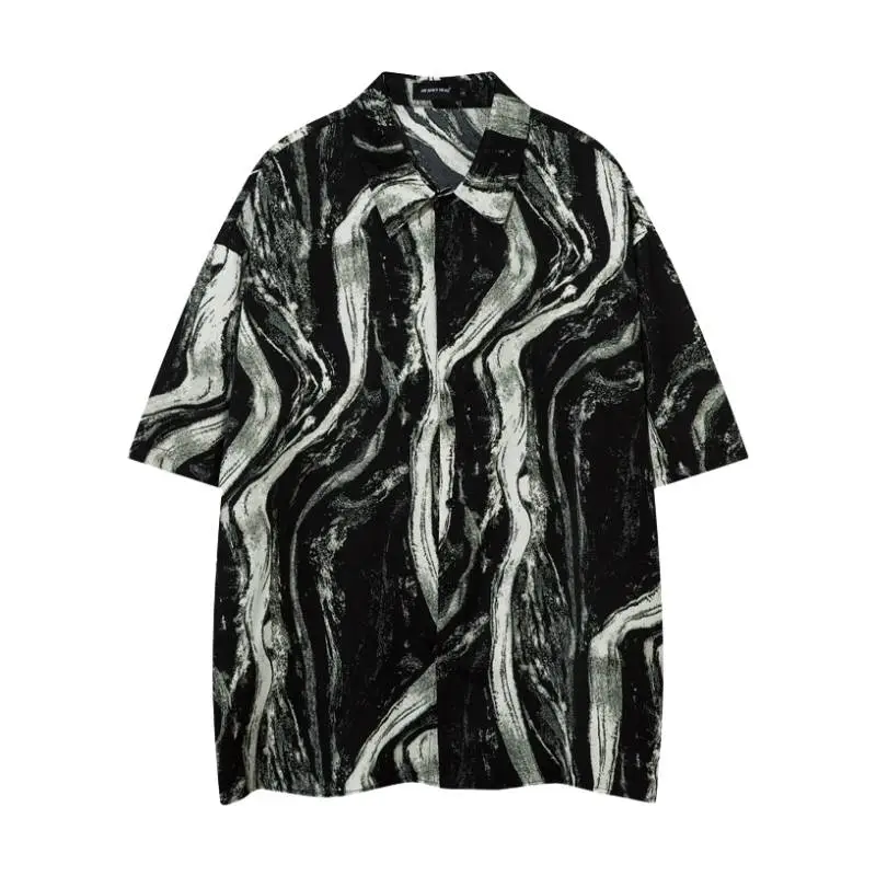 High Street Ruffian Abstract Grain Cuban Collar Short Sleeve Shirt - POIZON