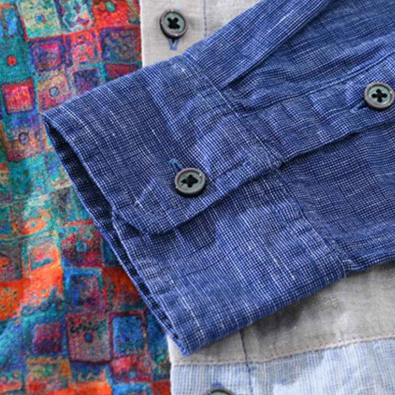 Long-sleeved Printed Stitching Design Casual Loose Shirt-3