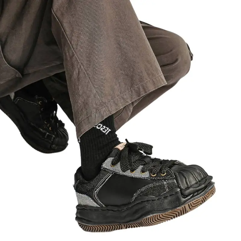 Niche Black Denim Stitching Dissolving Shoes-3