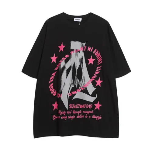 Gothic Letter Five-Pointed Star Print T-Shirt