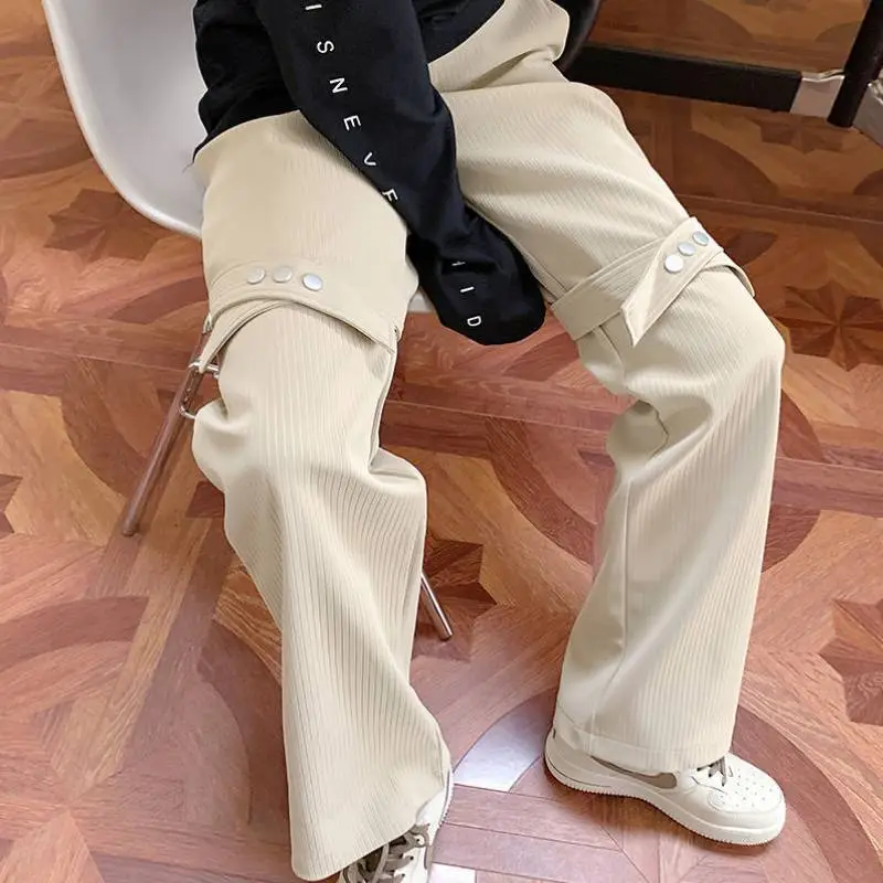 Trendy High Street Button Strap Wide Leg Pants-3