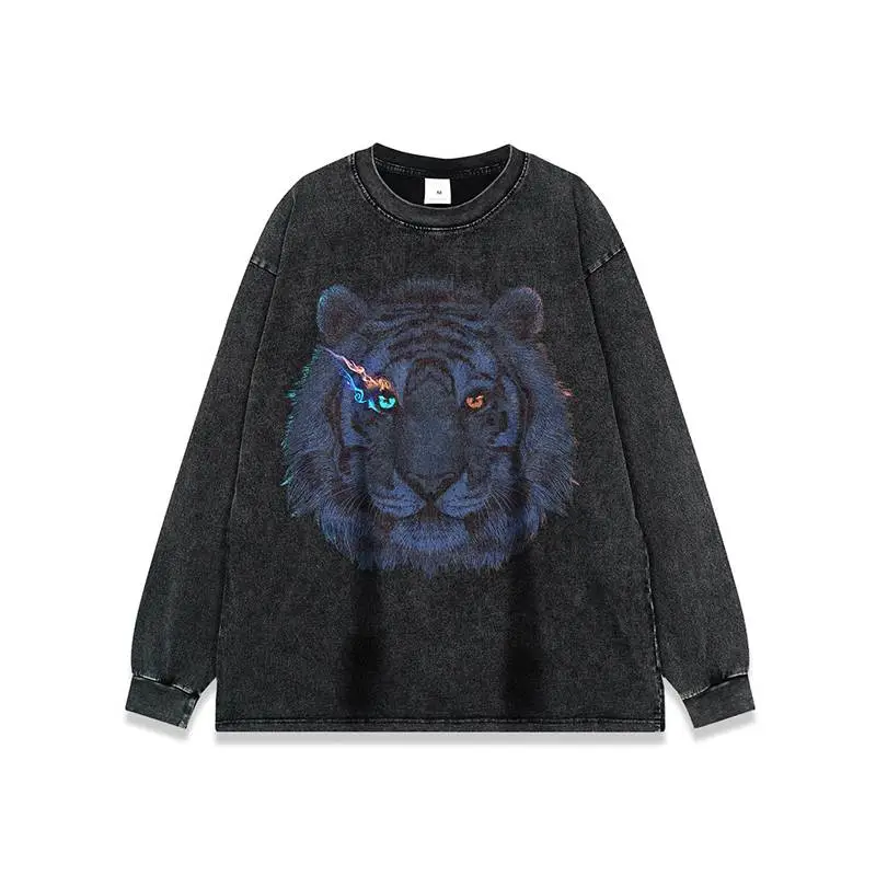 Tiger Head Printed Washed Vintage Loose T shirt-2