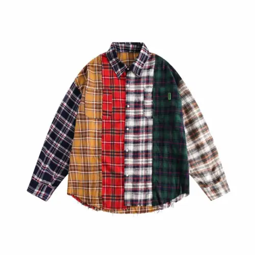 American Style Design Sense Street Retro Stitching Plaid Long Sleeve Loose Shirt