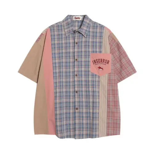 Plaid Short-sleeved Color-matching Embroidered Shirt