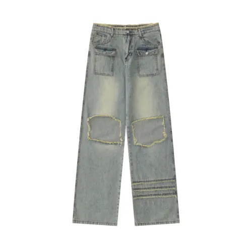 Retro High Street Straight Leg Knee-exposed Jeans