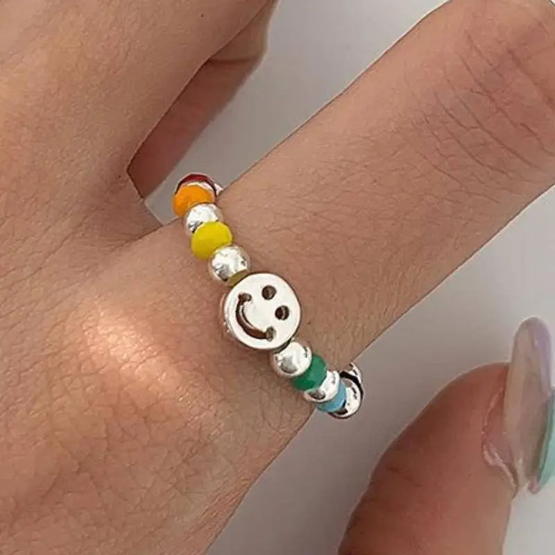 Colored Beaded Smiley Face Ring-1