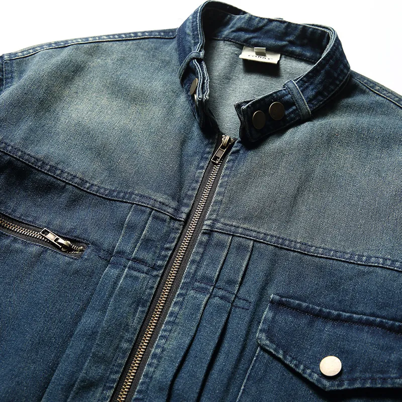 Three dimensional Patch Pocket Collar Denim Top Vintage Zipper Pocket Washed Jacket-2