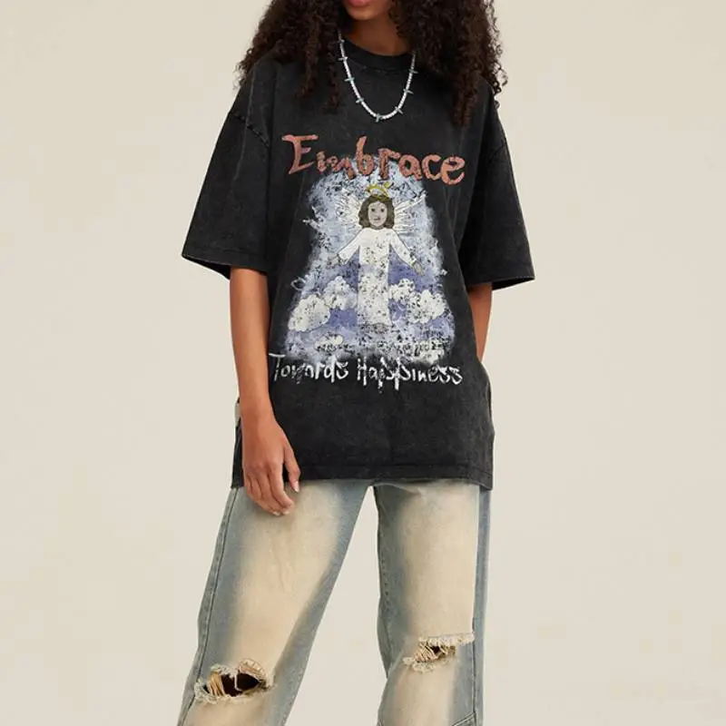 Washed Angel Print Retro T Shirt-1