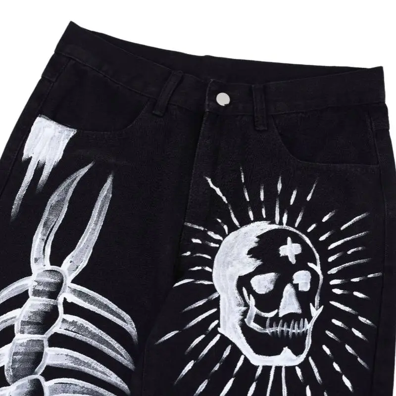 Large Centipede Skull Print Niche Design Jeans-4