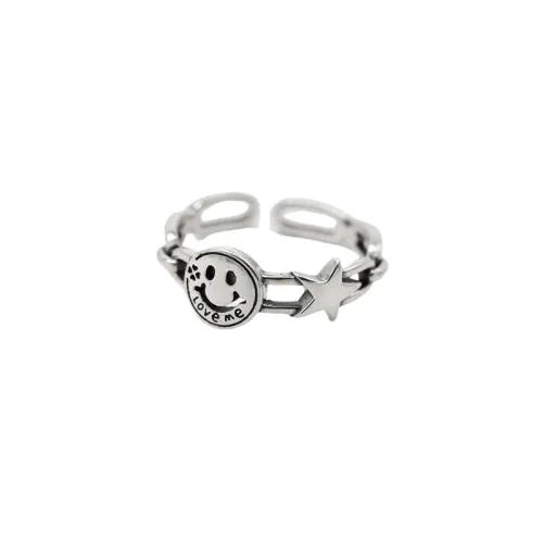 S925 Sterling Silver Retro Smiley Face Five-pointed Star Open Ring Women Ins Sweet Cool Personalized Index Finger Ring