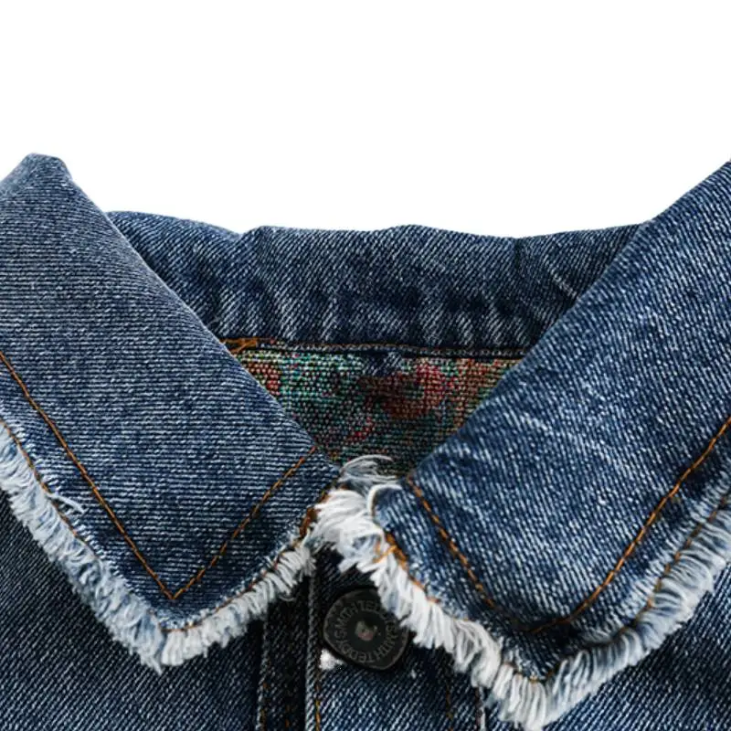 Contrasting Ethnic Style Patchwork Frayed Denim Jacket-2