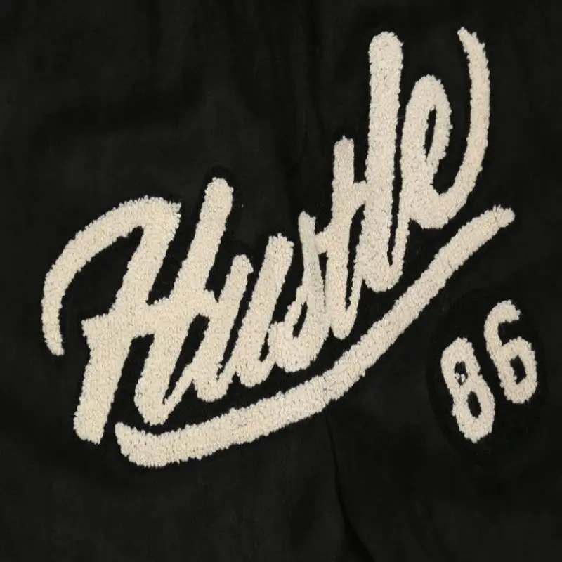 Embroidered Letters Leather Splicing Casual Pants-5