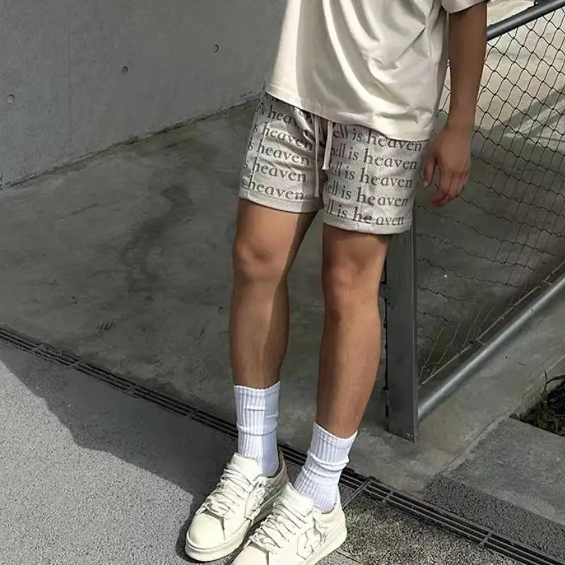 Letter Print Retro Casual Drawstring Shorts-2
