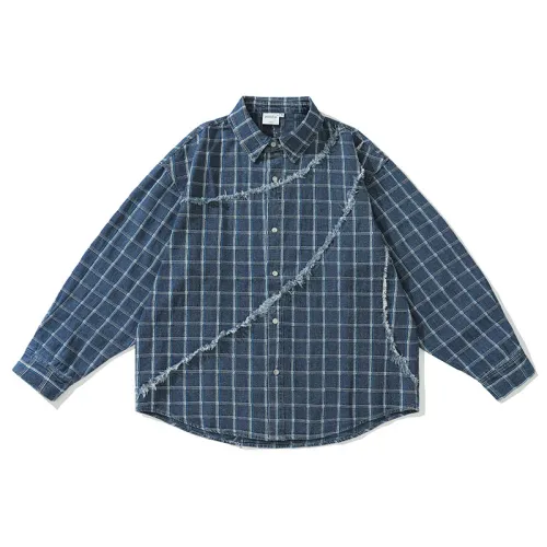 Grid Frayed Edge Decorative Collar Shirt