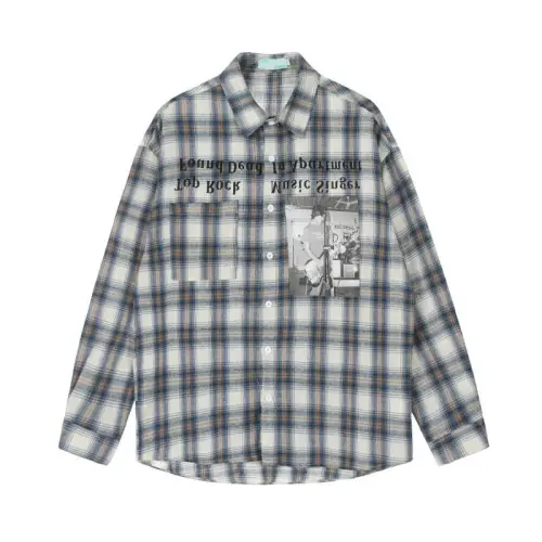 Figure Letter Printed Long Sleeve Plaid Shirt