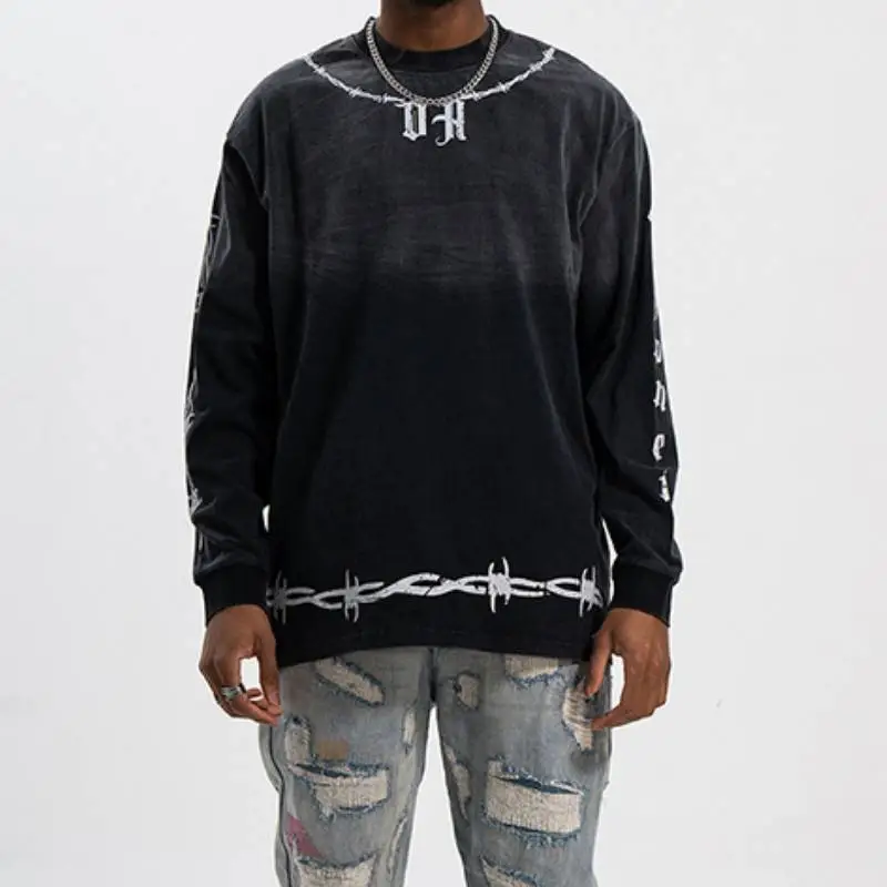 Retro Wash Contrast Color Loose Long Sleeve T Shirt-2