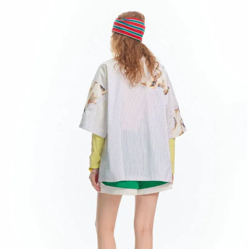 Lace Stitching Striped T Shirt-3