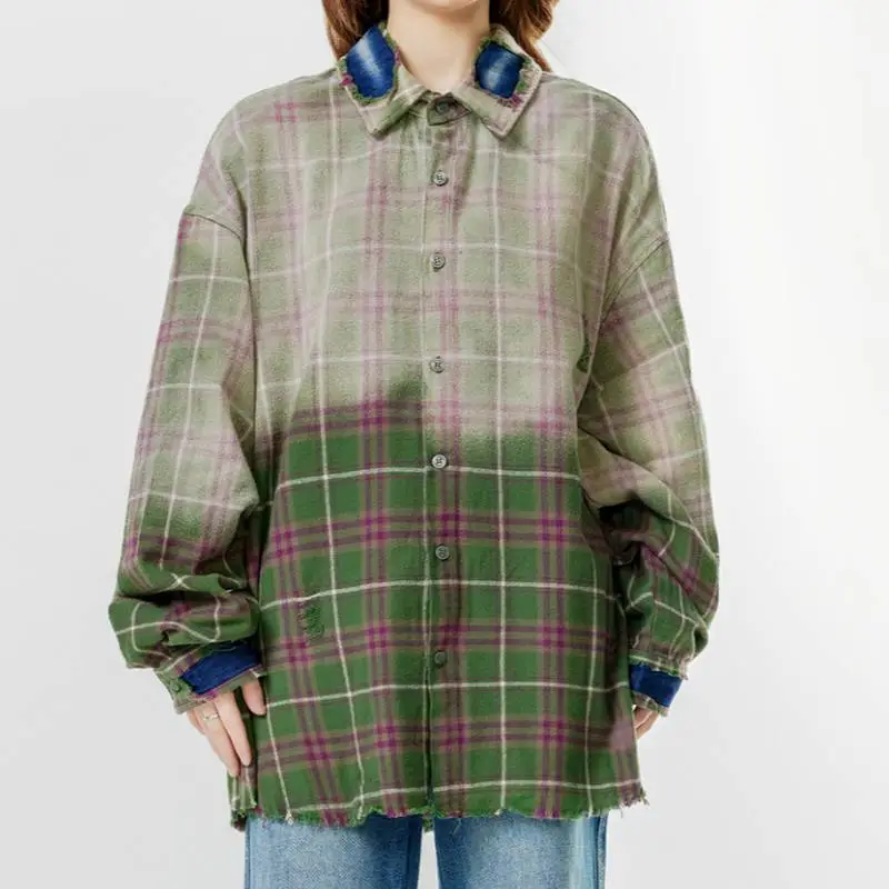Vintage Hanging Dye Washed Hole Ancient Plaid Shirt-4