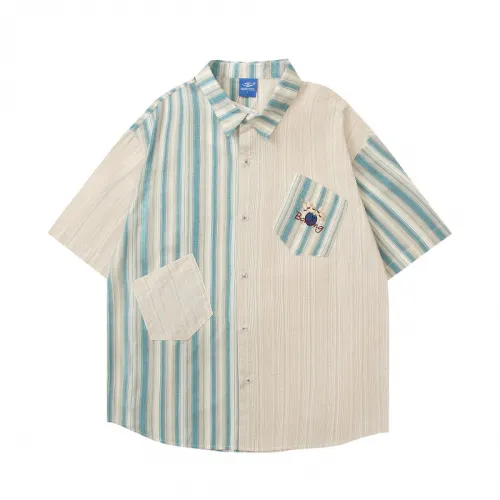 Retro Loose Striped Color-blocked Embroidered Casual Short-sleeved Shirt