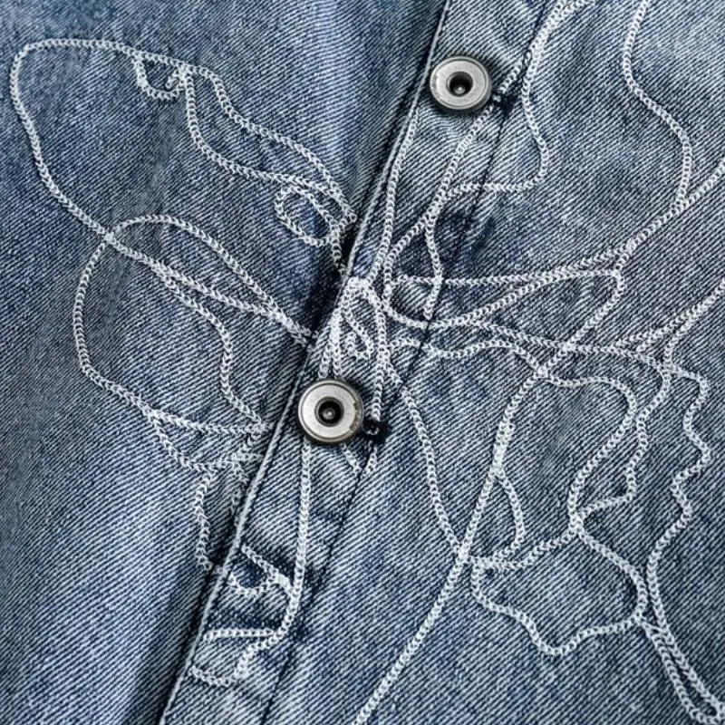 Retro Butterfly Embroidered Washed Denim Jacket-5