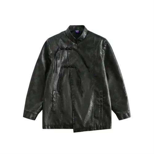 Slant Placket Button Leather Jacket