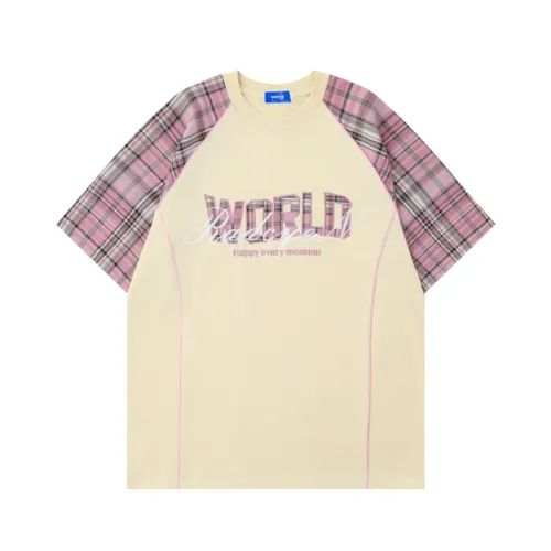 Plaid Splicing Patch Embroidered Letters Short-Sleeved T-Shirt