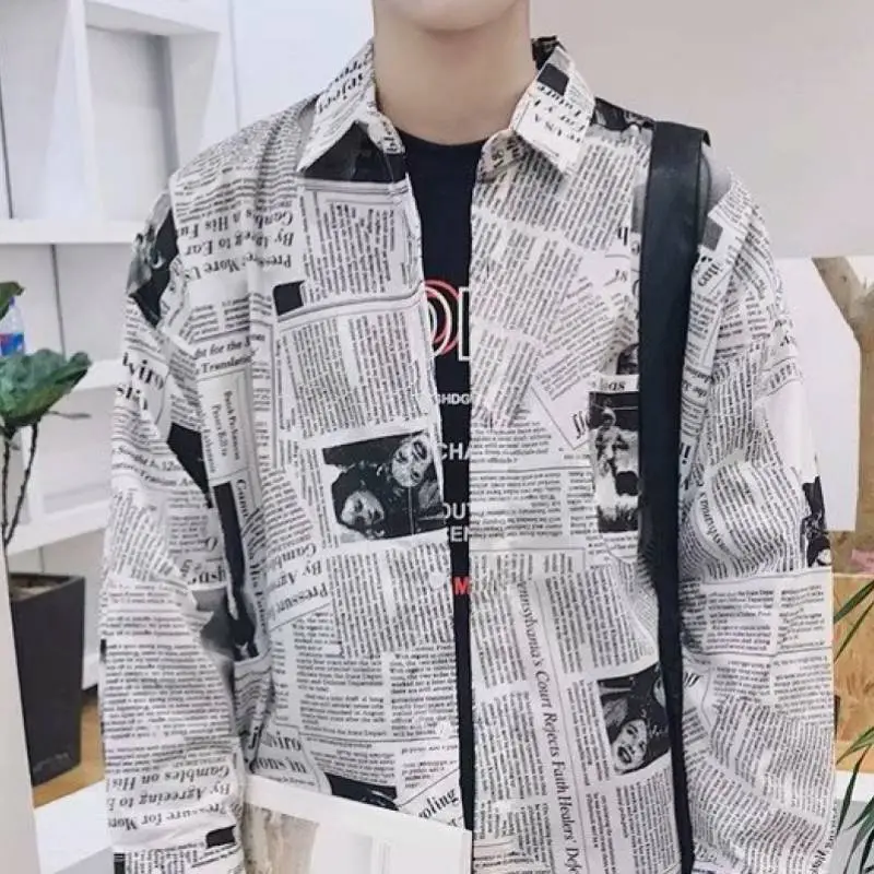 Loose Long Sleeved Newspaper Print Shirt-2