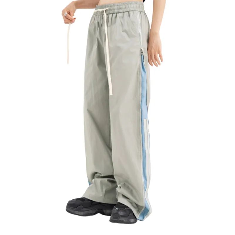 High Street Double Layer Zipper Contrast Color Wide Leg Straight Pants-1
