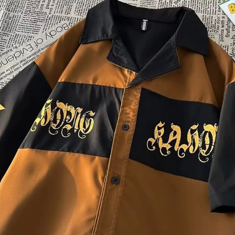 Retro Stitching Loose Cuban Collar Shirt-3