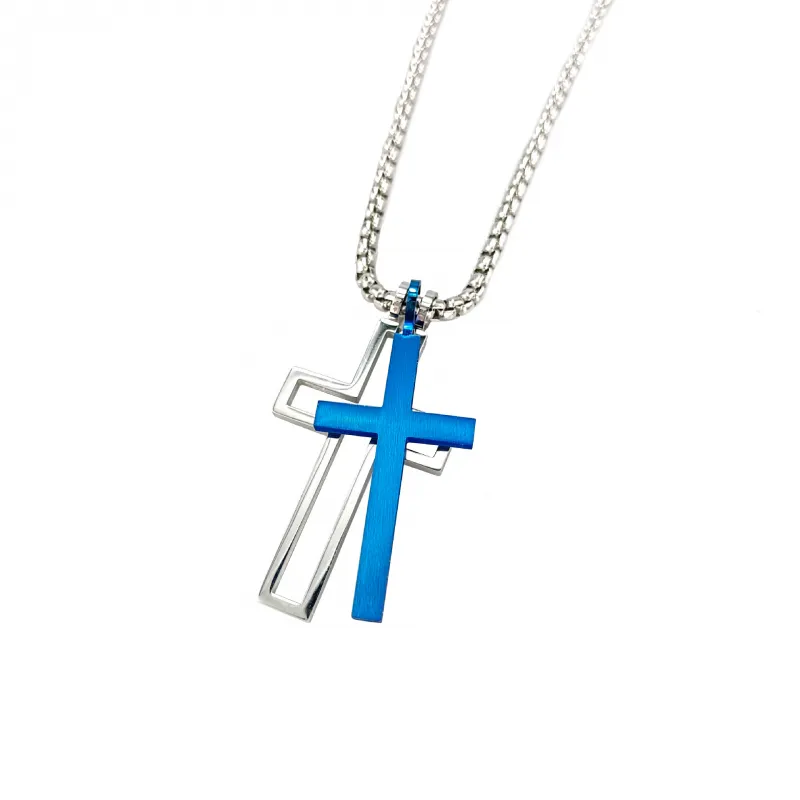 Double Layered Blue Pearl Chain Simple Cross Necklace Electroplating Set-1