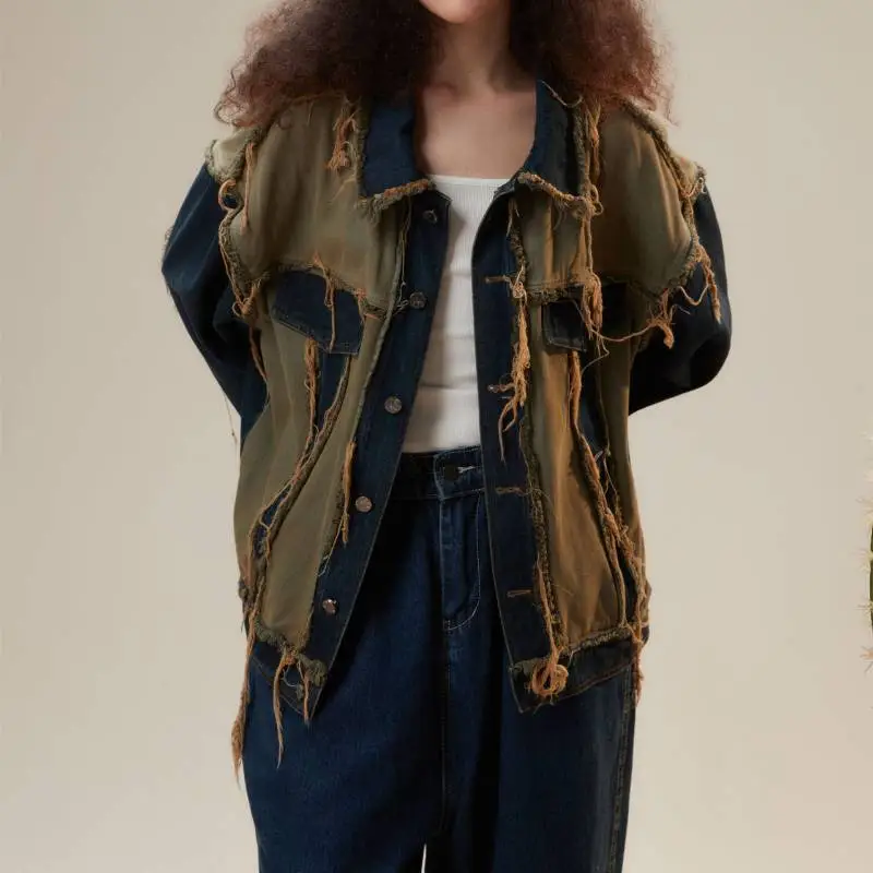 Retro Destroyed Raw Edge Patchwork Denim Jacket-3