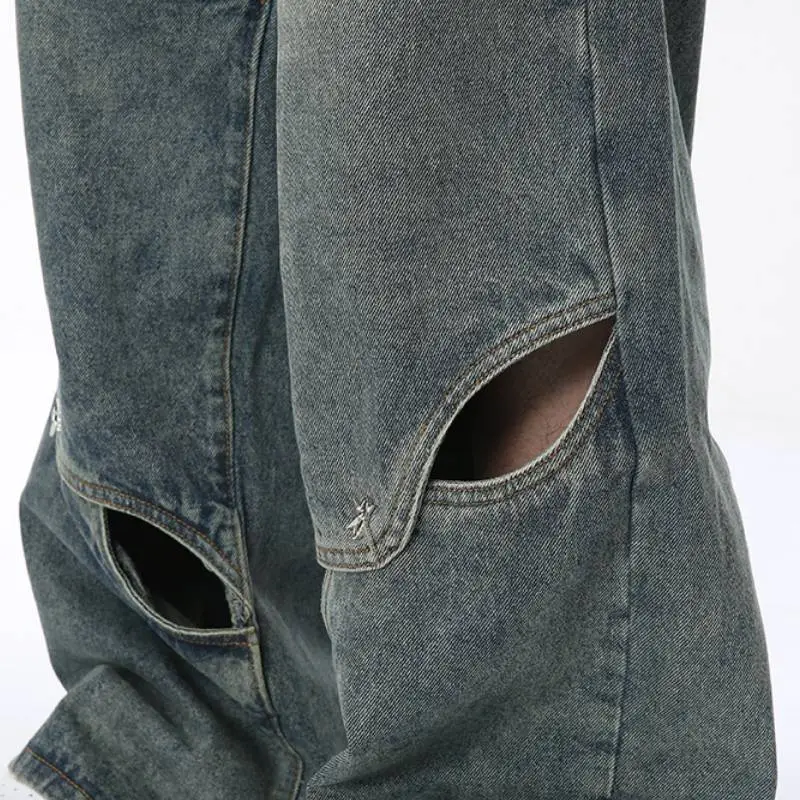 Retro Irregular Split Straight Leg Jeans-4