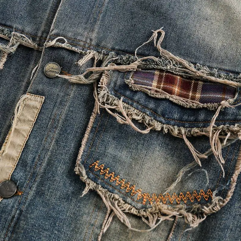 Tide Retro Washed Plaid Stitching Denim Jacket-5