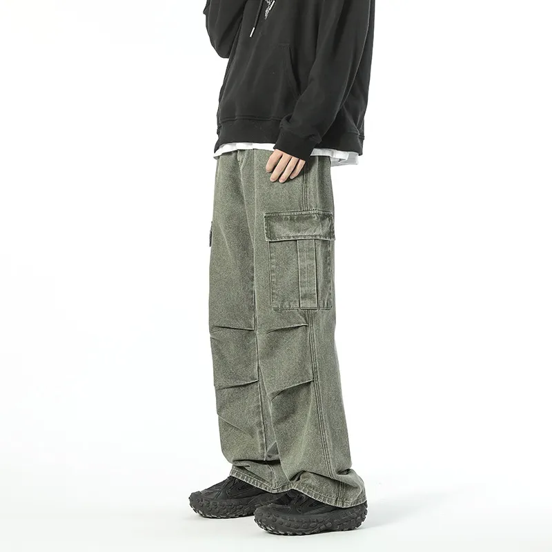 Loose Wide Leg Multi Pocket Straight Pleated Overalls Jeans-2
