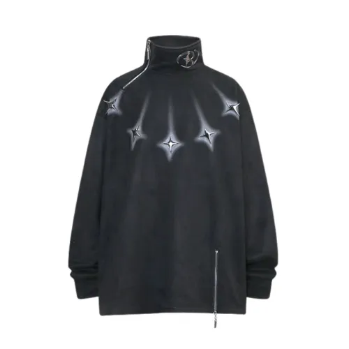 High Street Irregular Zipper Design Reflective Metal Buckle Vertical Collar Pullover Fleece Sweatshirt