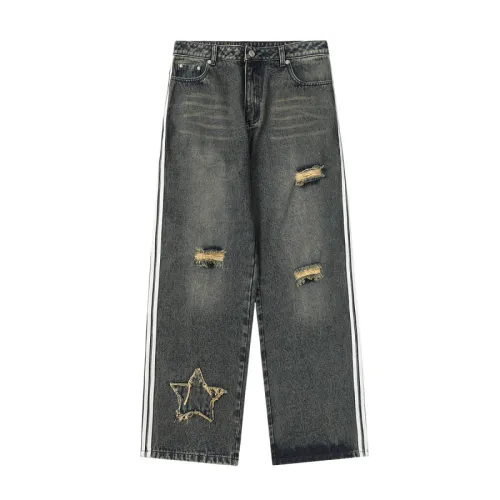 Loose Straight Striped Patch Jeans