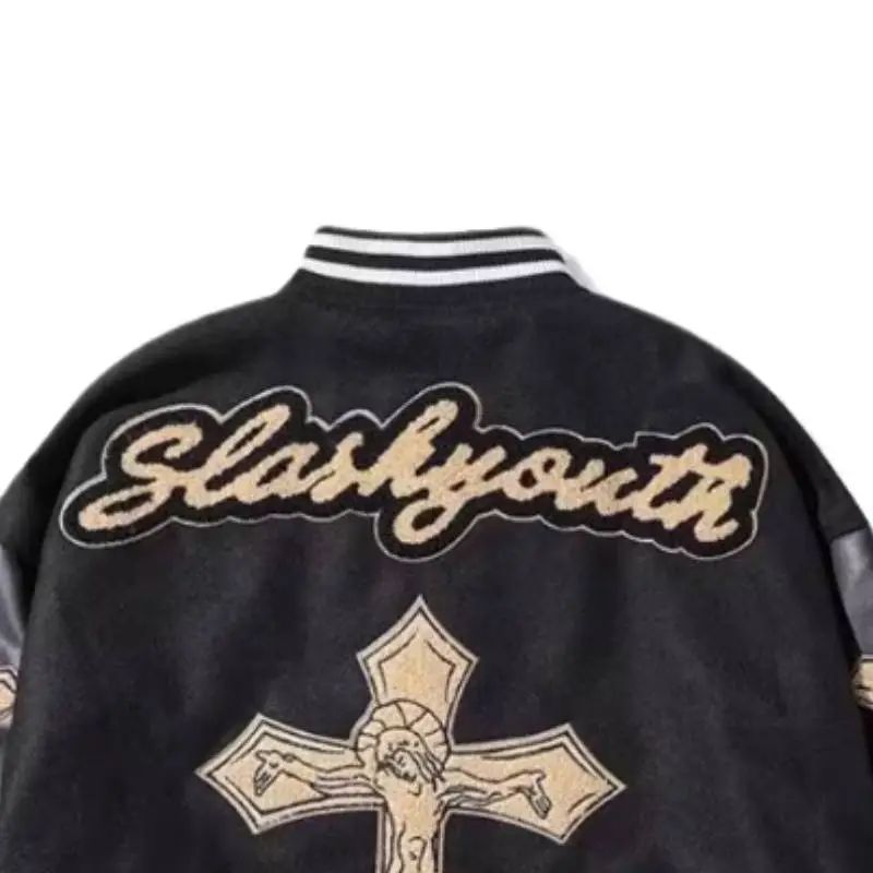 Flocking Cross Embroidered Woolen Stitching PU Leather Aviator Collar Cardigan Jacket-6
