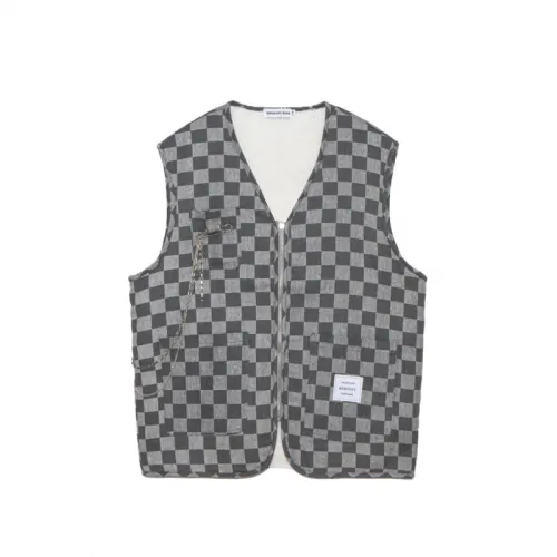 Retro Checkerboard Zipper Denim Vest