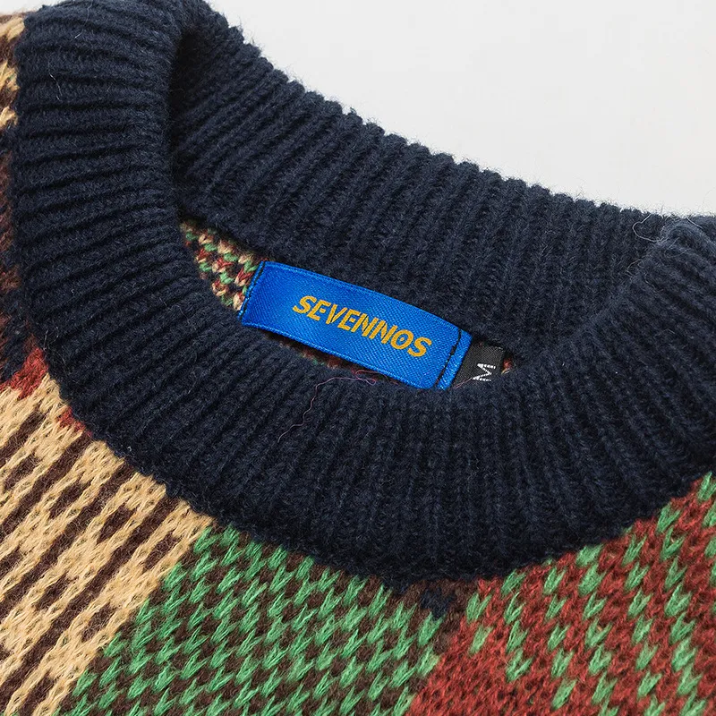 Contrast Color Stitching Plaid Crew Neck Retro Loose Warm Knitted Sweater-2