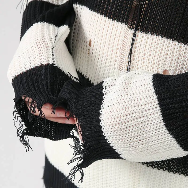 Loose Striped Tassel Hole Pullover Sweater-3