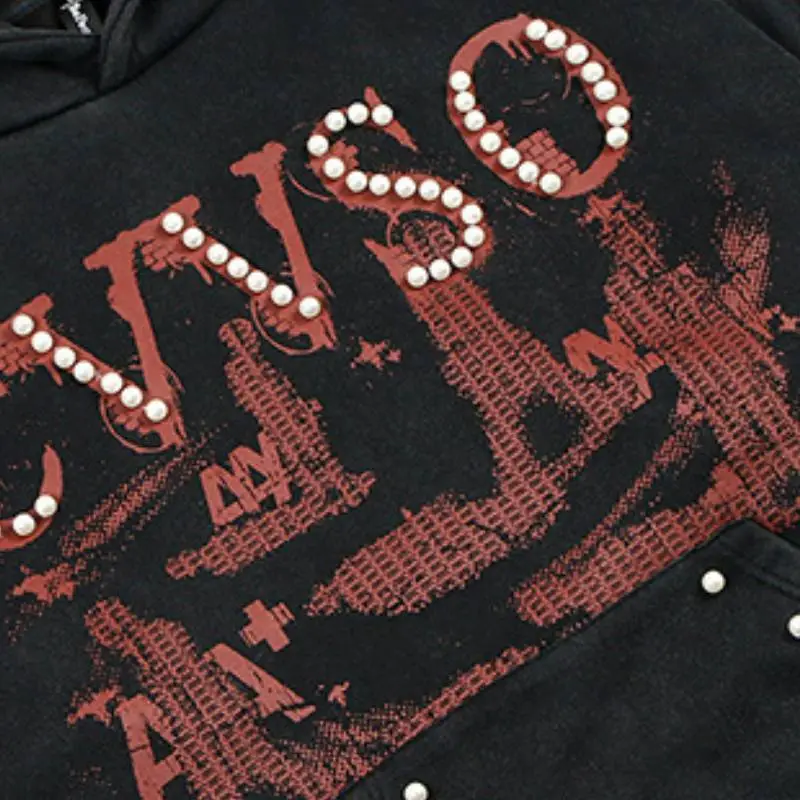 Retro Hip Hop Washed Old Fleece Pearl Decorative Loose Fashionable Sweatshirt-4