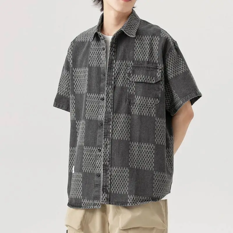 Retro Denim Plaid Short Sleeved Shirt-3