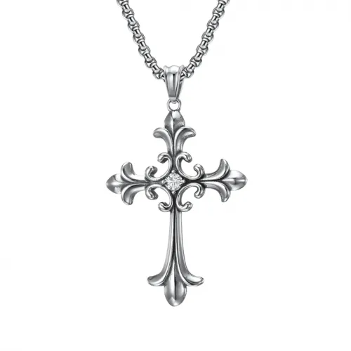 Gothic Style Vintage Cross Diamond-encrusted Titanium Steel Pendant Necklace