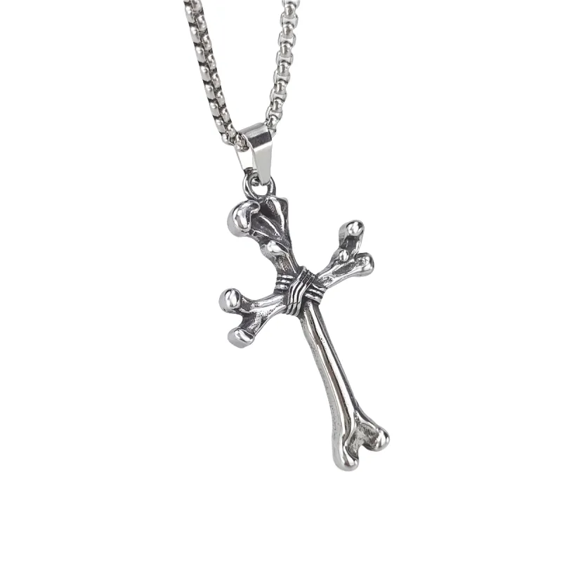 Retro Titanium Steel Bone Cross Pendant Punk Personality Necklace-1