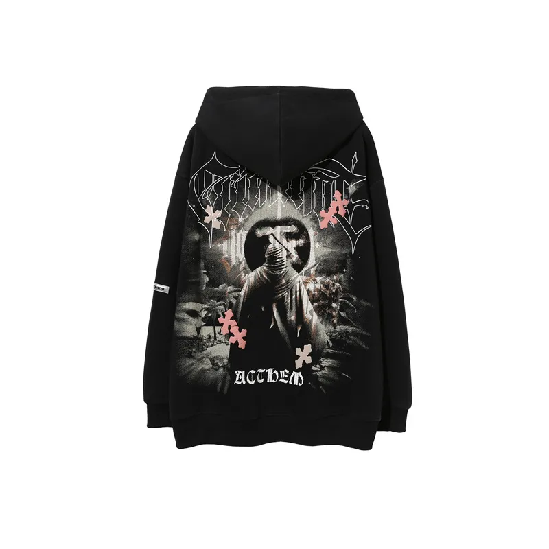Distressed and Washed Cross Foam Loose Hoodie-1
